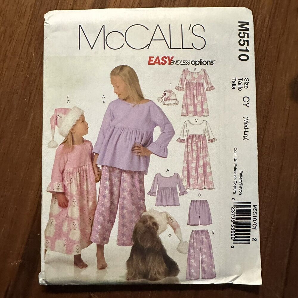UNCUT McCalls Sewing Pattern 5510 Girl's Pajamas Med-Lrg